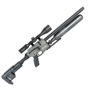 Air rifle with scope, suppressor, adjustable stock, and large side cylinder featuring a scope mounted on a tactical chassis.