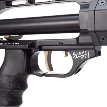 Close-up of a black airgun with curved trigger guard and white graphic text "SLAC" on the grip.