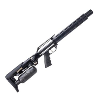 A semi-automatic rifle with a long perforated handguard, pistol grip, and attached air tank under the stock.