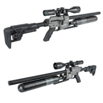 Two precision rifles with scopes and suppressors shown from different angles.