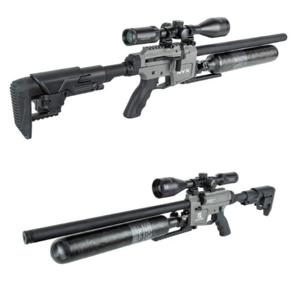 Two precision rifles with scopes and suppressors shown from different angles.