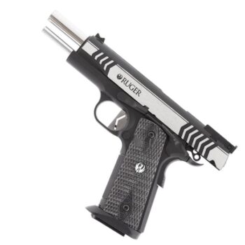 Two-tone Ruger semi-automatic pistol with textured grip and geometric slide pattern.