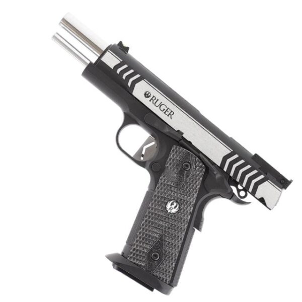 Two-tone Ruger semi-automatic pistol with textured grip and geometric slide pattern.